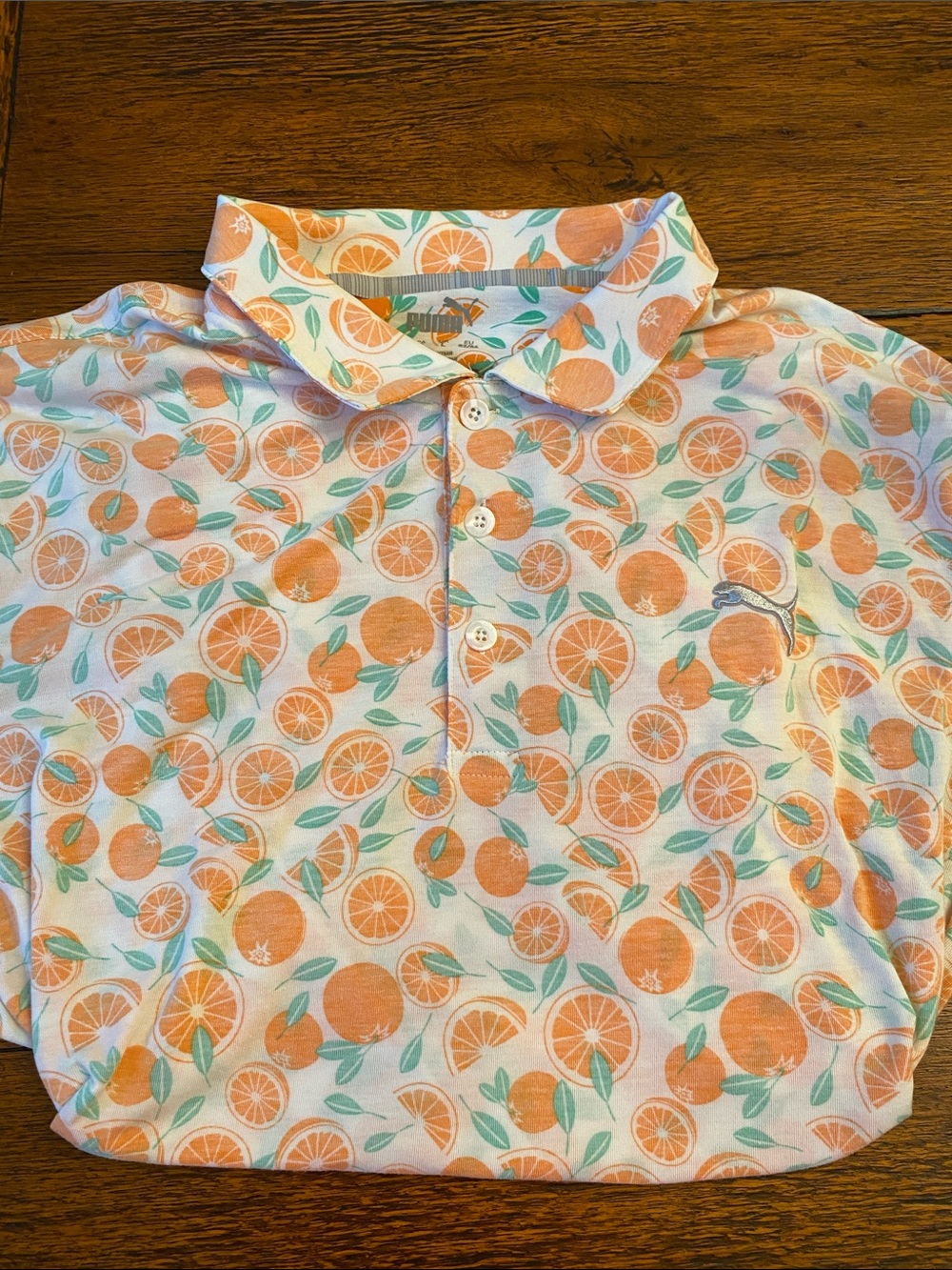Puma Men's Orange Citrus Print Polo with Mint Leaf Accents